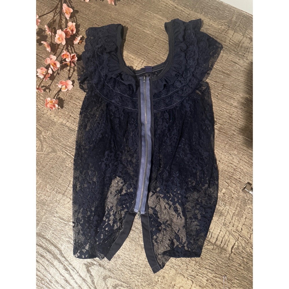 Free People Lace Ruffle Top Navy Blue Two Way Zip Romantic Gothic Boho Small